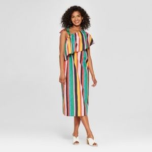 Striped One Shoulder Ruffle Midi Dress - Who What